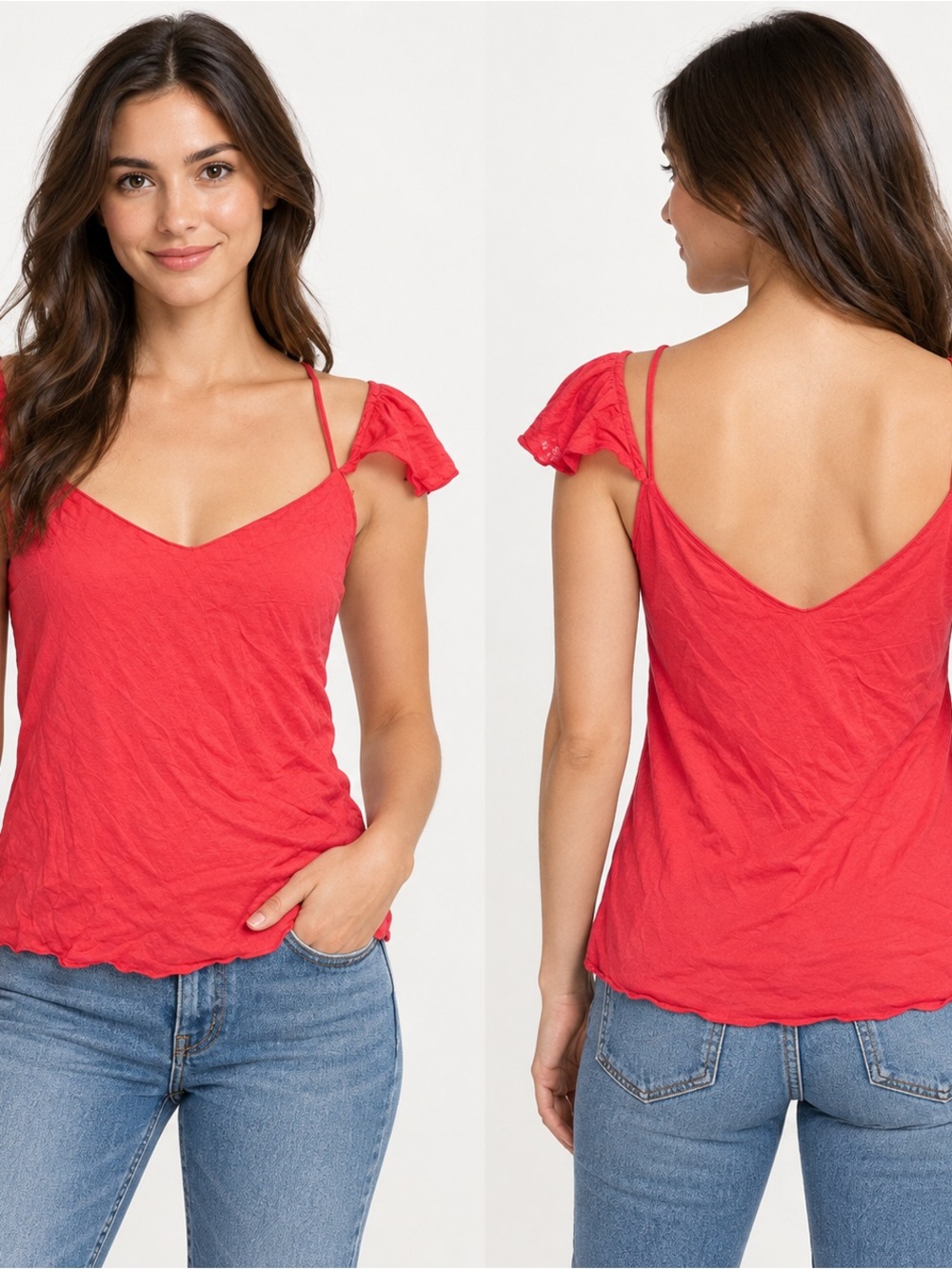 Candie’s boho coral V-Neck Flutter Sleeve cut out Strappy Tank Top flirty